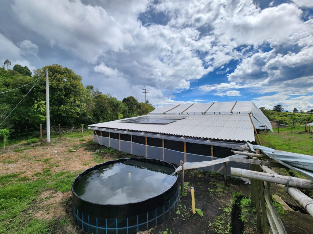 Tanque circular para peces junto a un invernadero con paneles solares, en un proyecto acuapónico de ADACOL